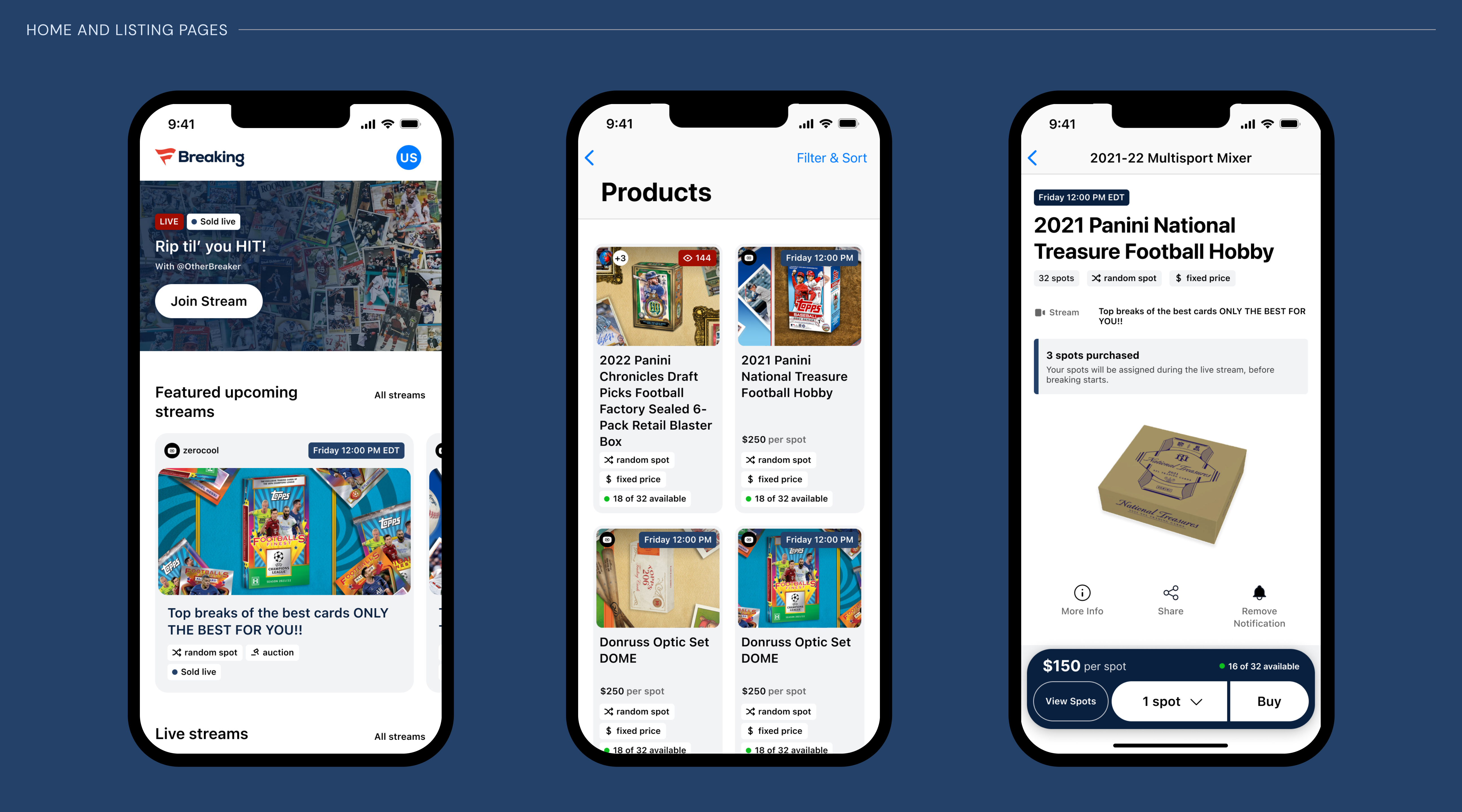 Fanatics Breaking mobile app — two screens showing the live auction and home feed on a navy background