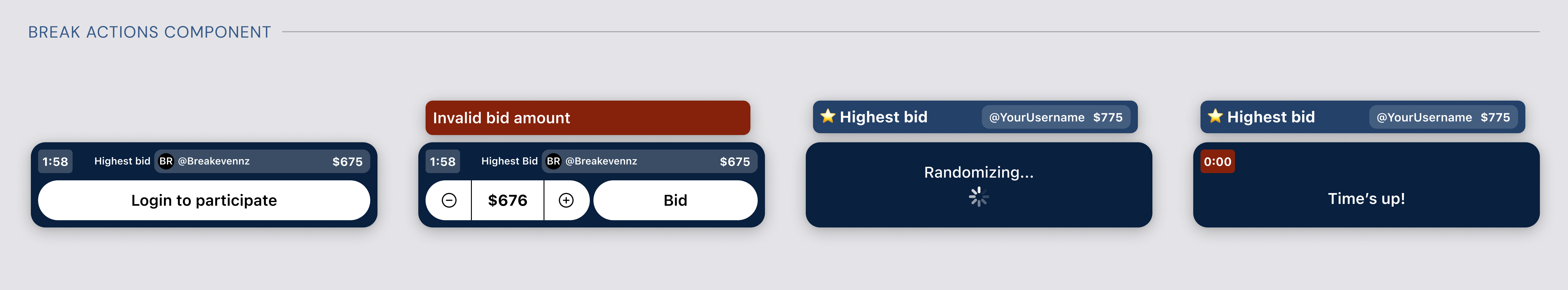Fanatics Breaking mobile app — two screens showing the live auction and home feed on a navy background