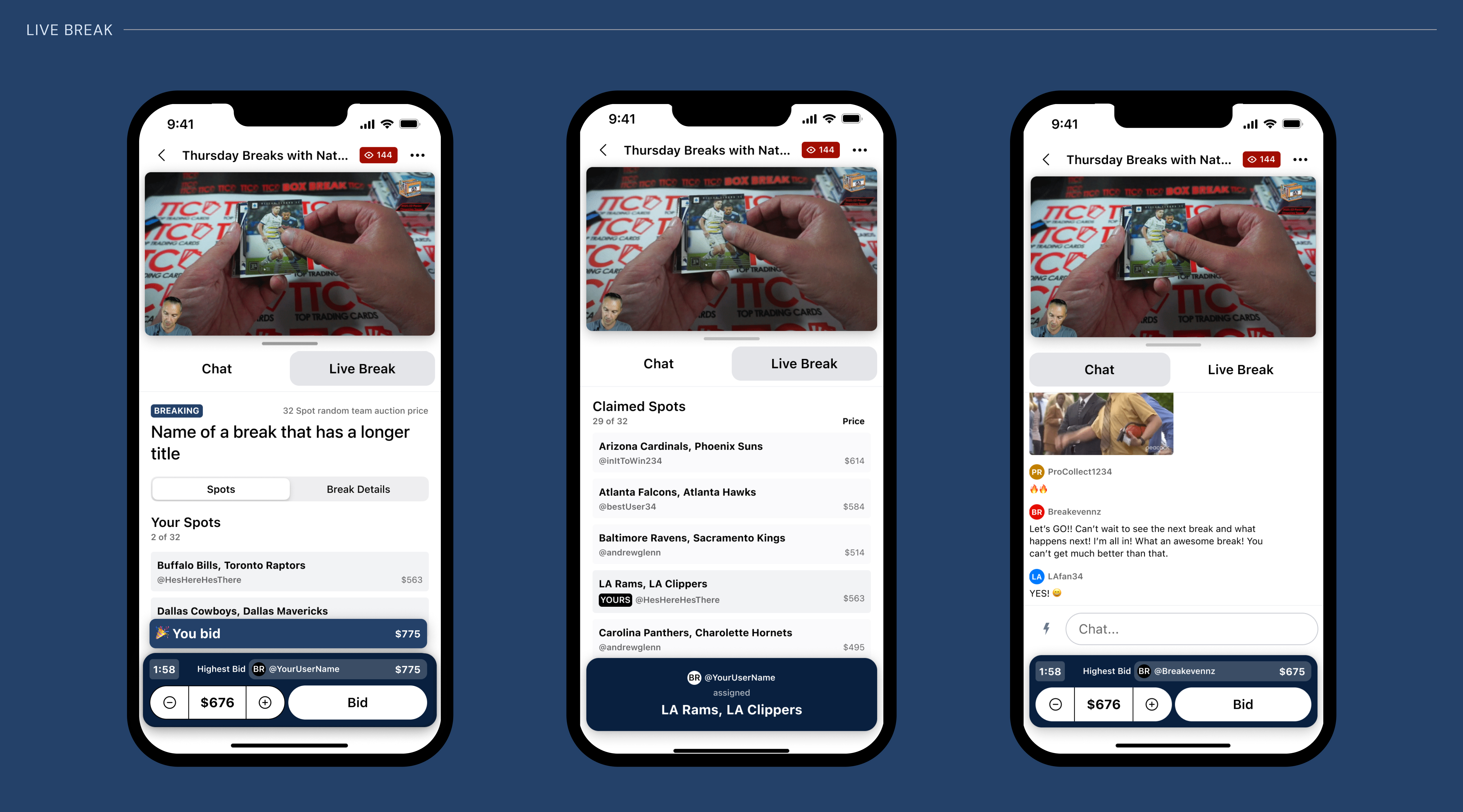 Fanatics Breaking mobile app — two screens showing the live auction and home feed on a navy background