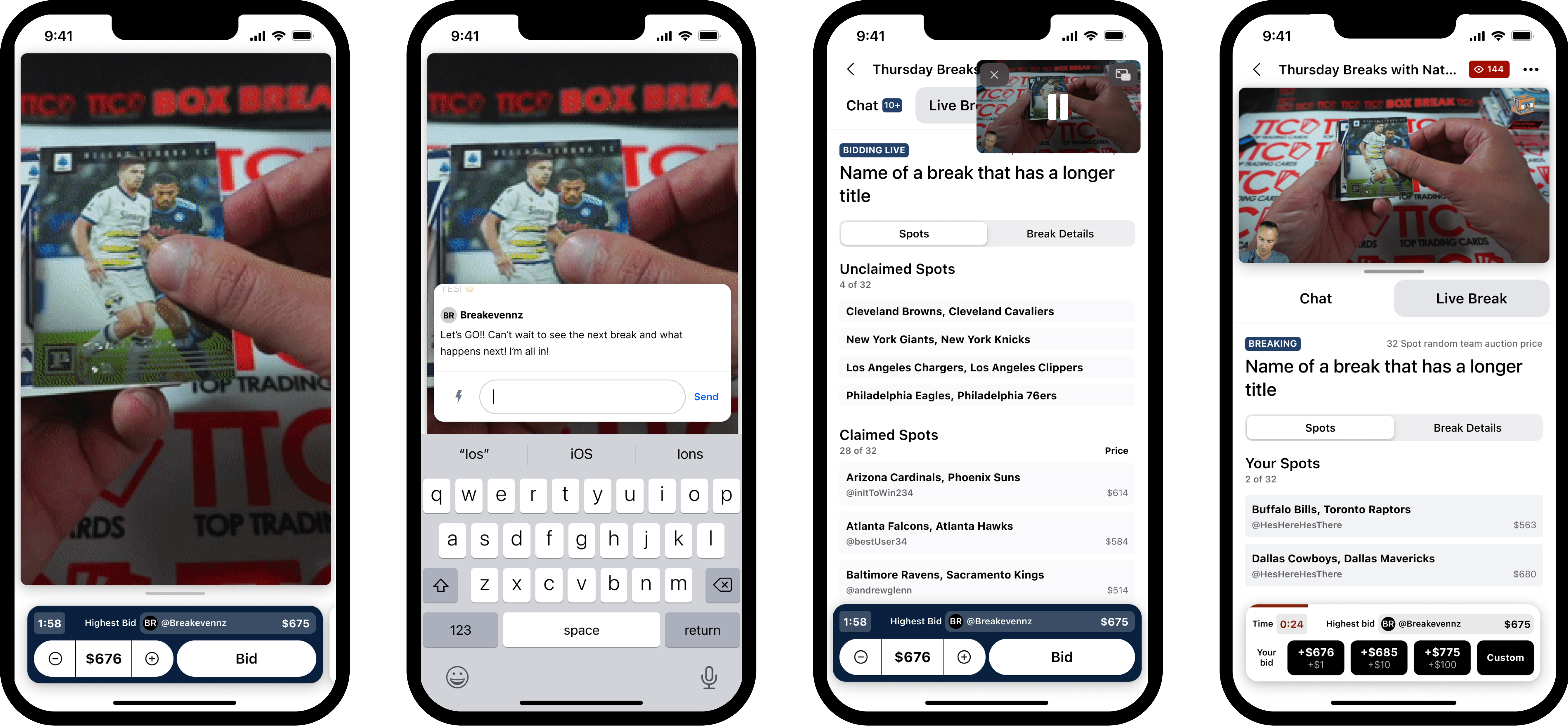 Fanatics Breaking mobile app — two screens showing the live auction and home feed on a navy background