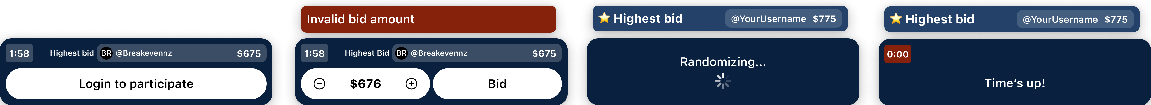 Break Actions component states: login to participate, invalid bid, randomizing, time's up
