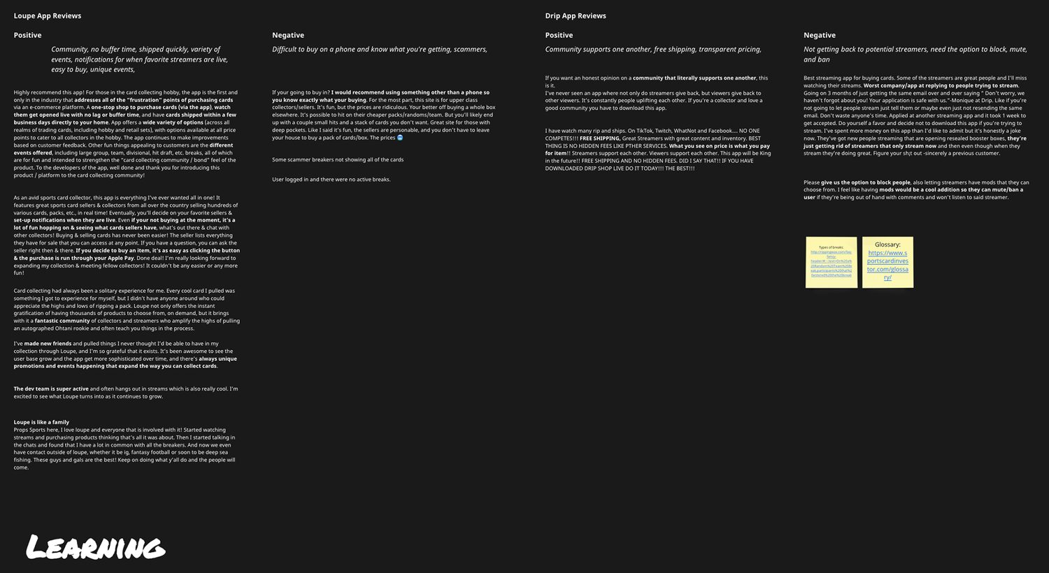 Competitor app review board synthesizing Loupe and Drip reviews