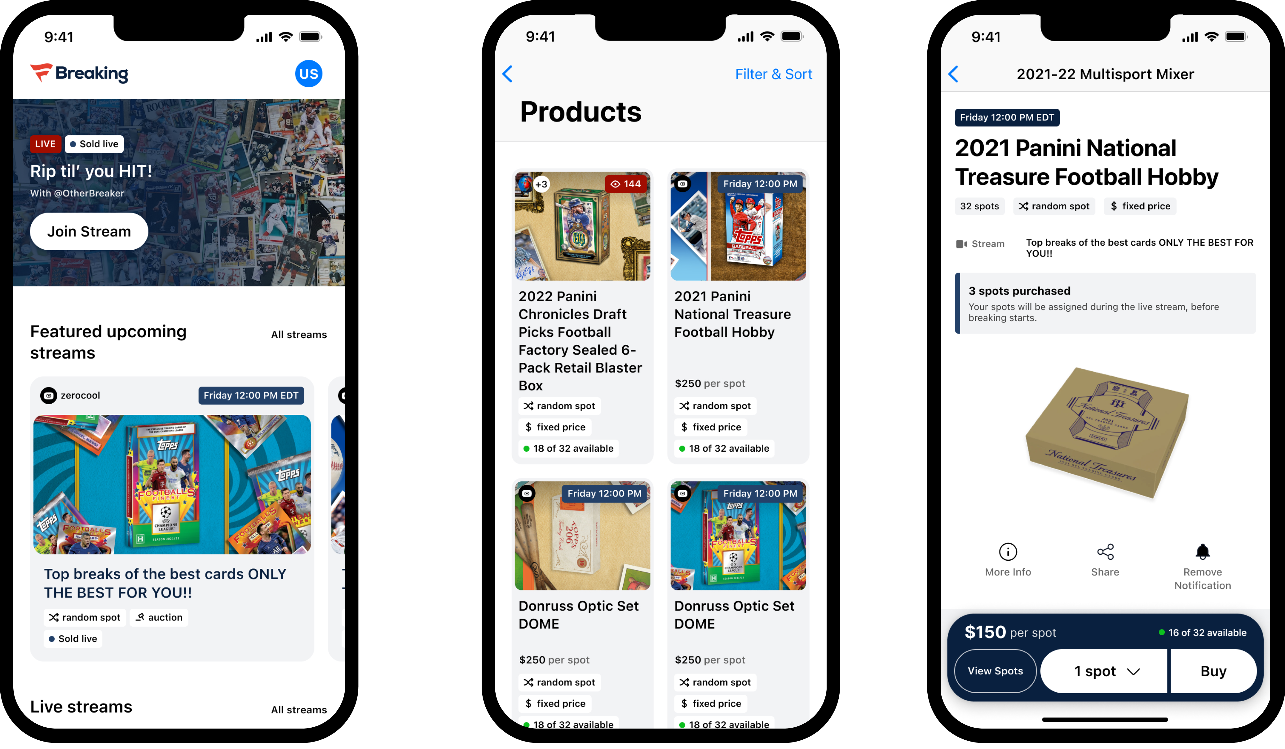 Home and listing pages: featured streams, product grid, and break details