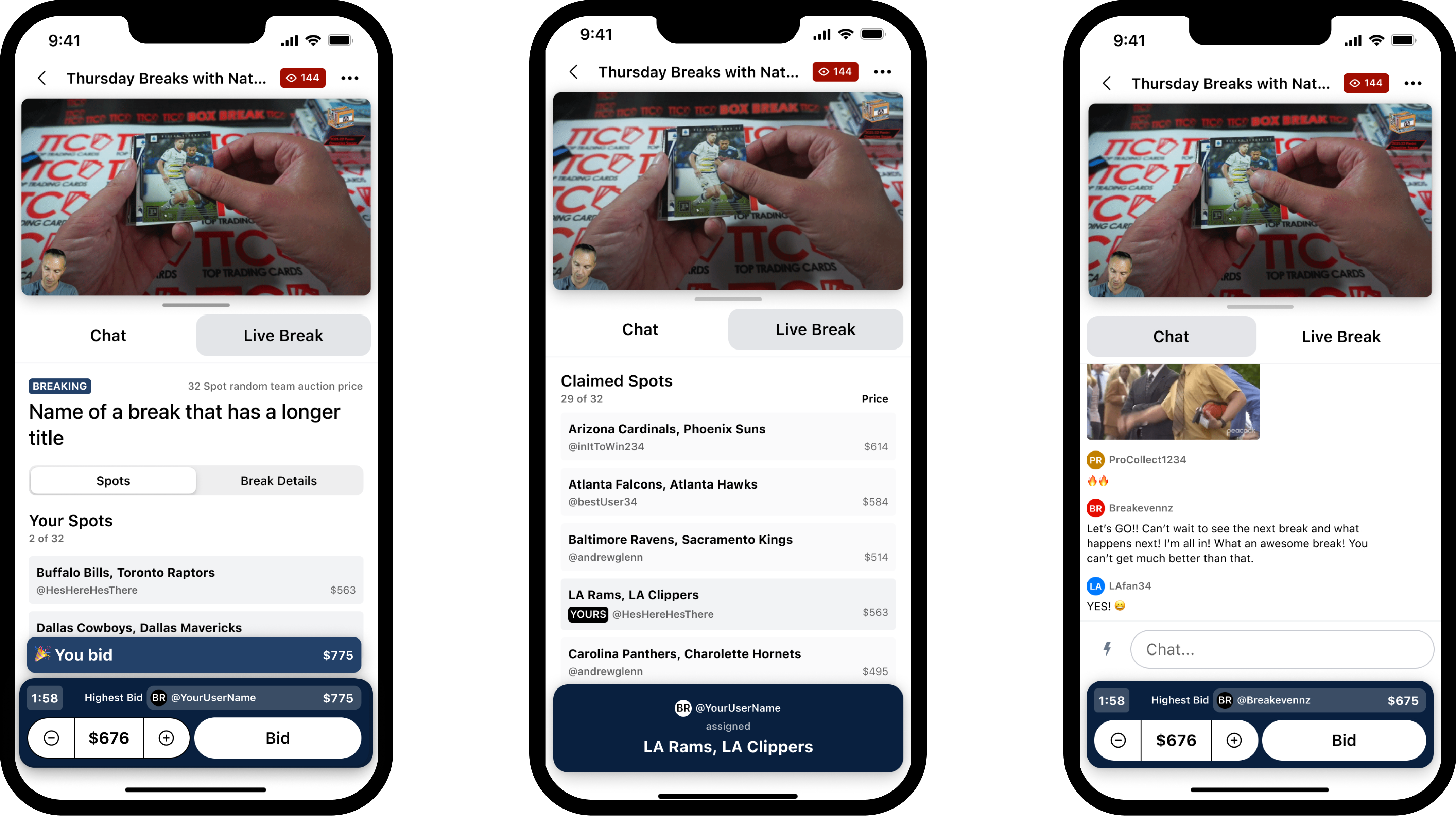 Live Break stream view with persistent action bar across bid, assigned, and chat states