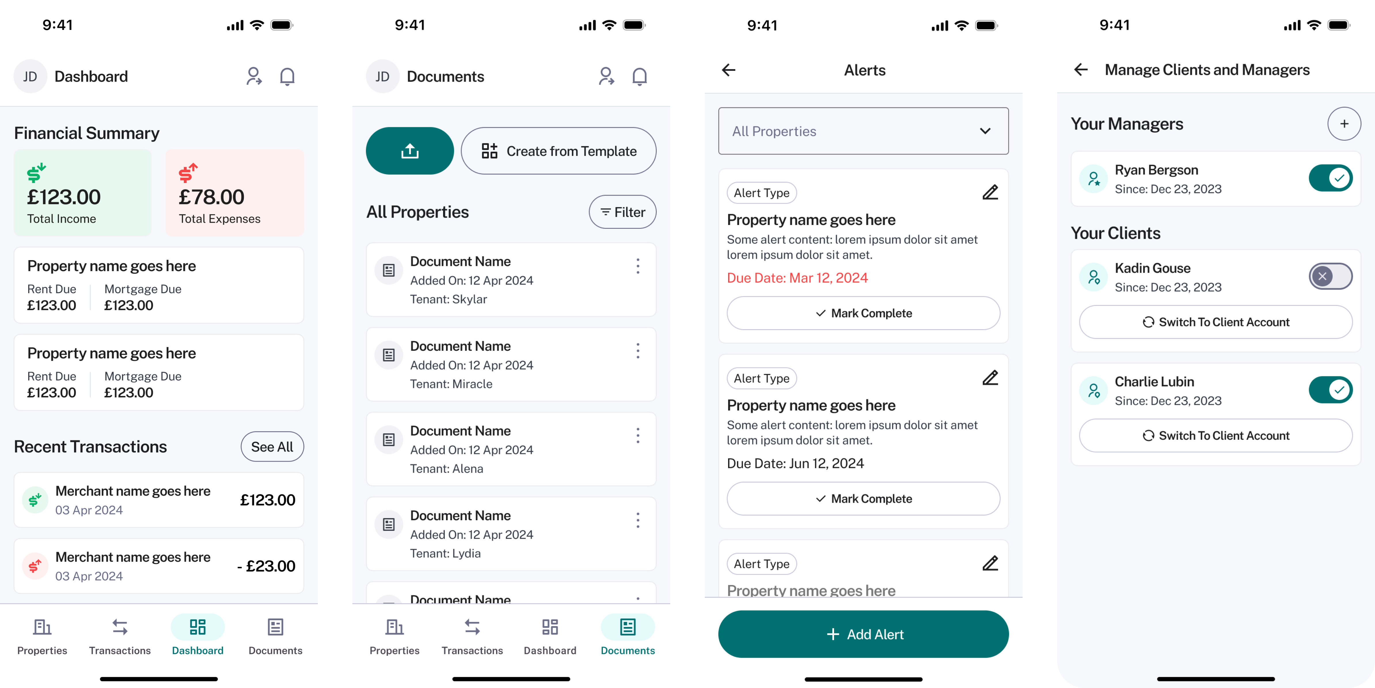 High-fidelity management screens: dashboard, documents, alerts, and manage clients