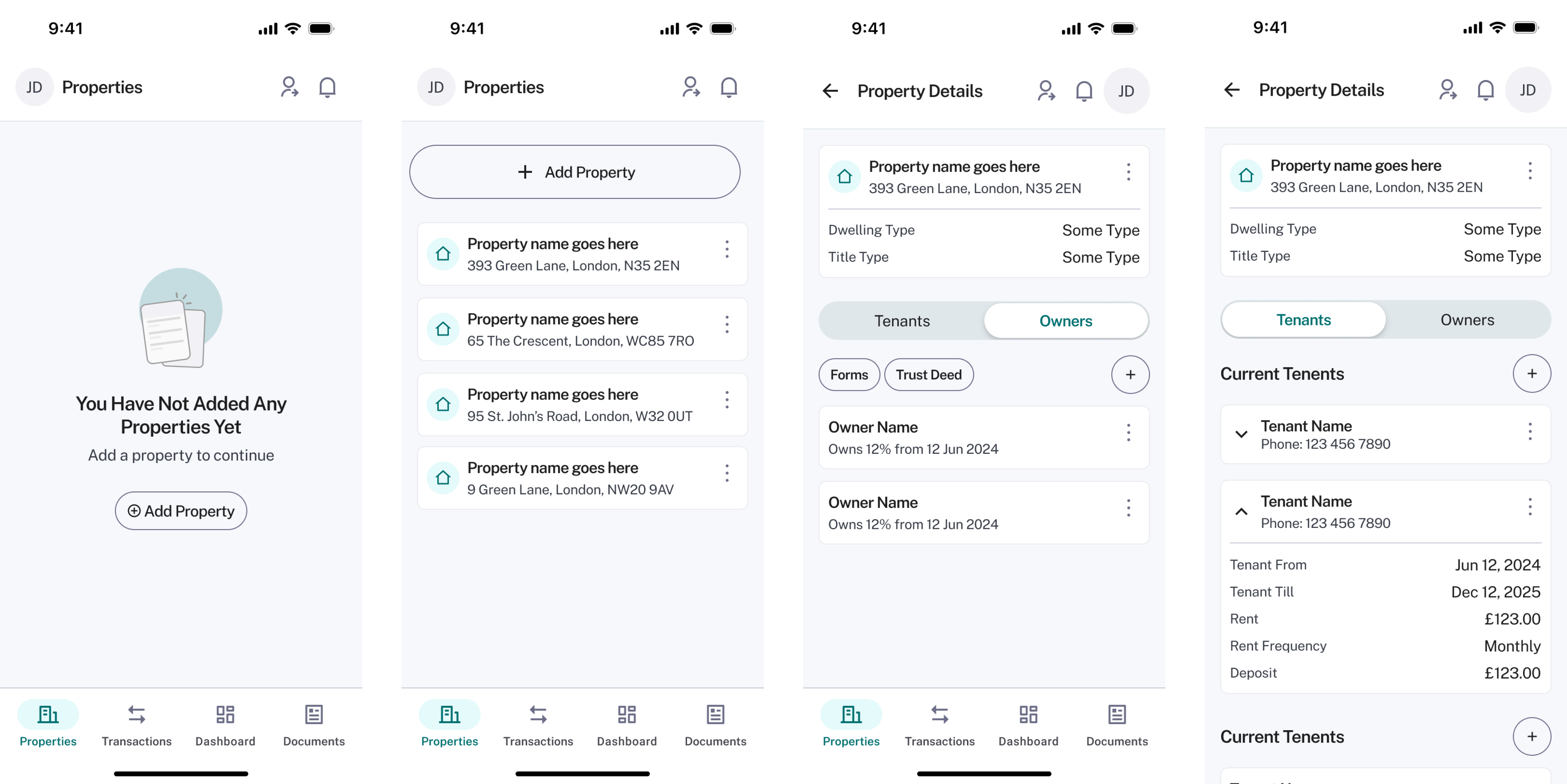 High-fidelity property details screens: empty states, lists, tenants, and owners