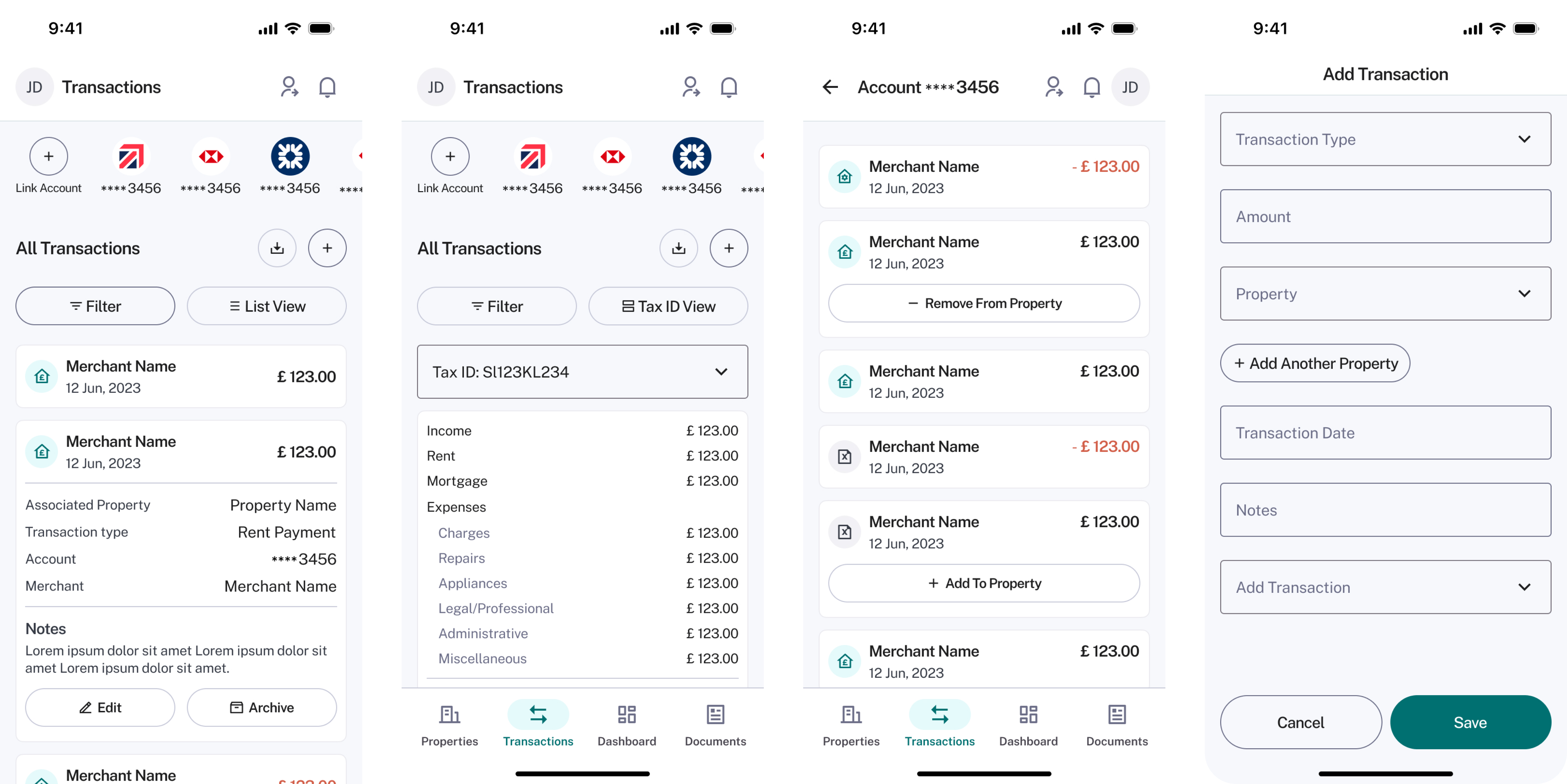 High-fidelity transactions screens: linked accounts, tax-ID view, and add transaction