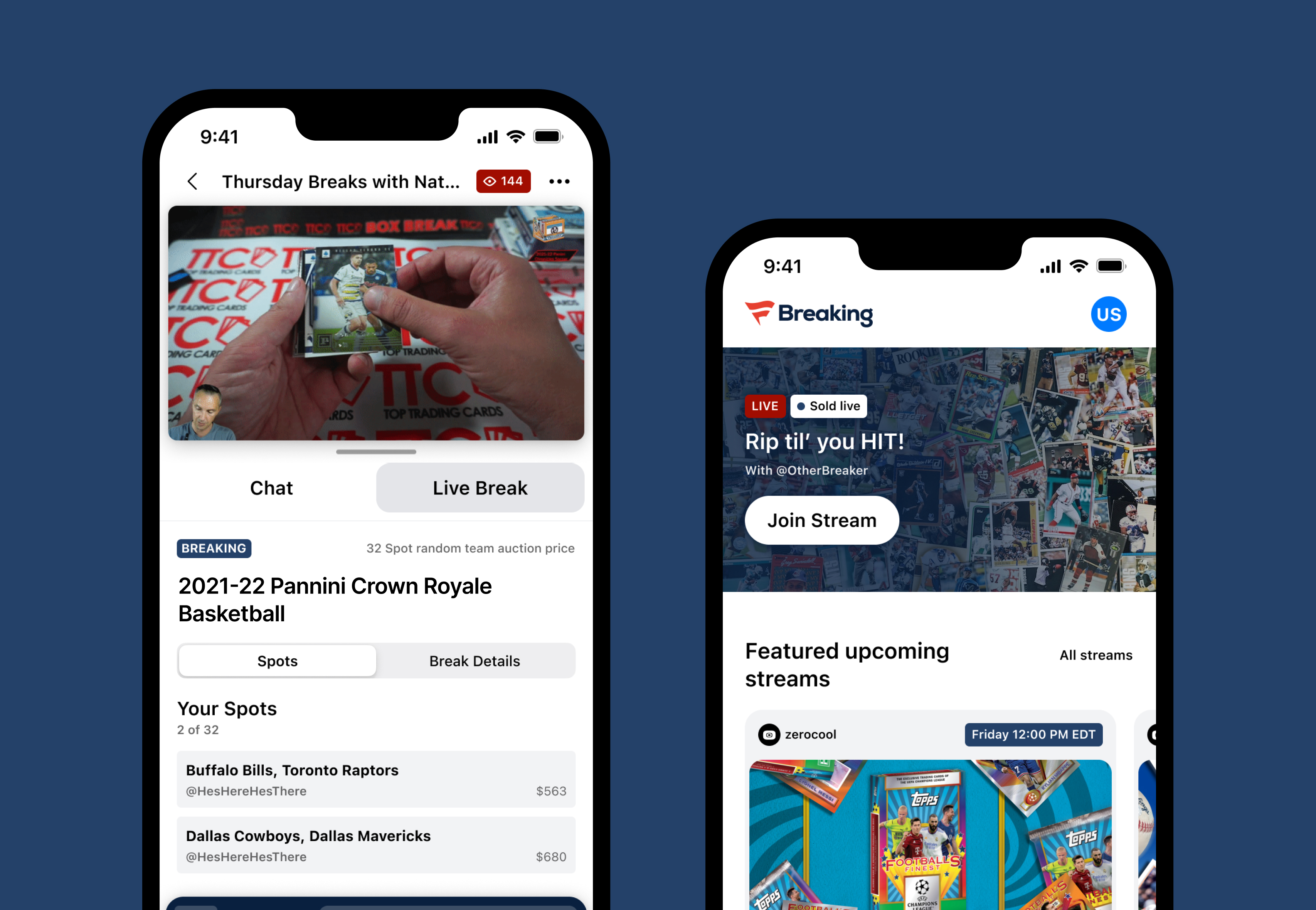 Fanatics Breaking mobile app — live stream and home screen views on a navy background