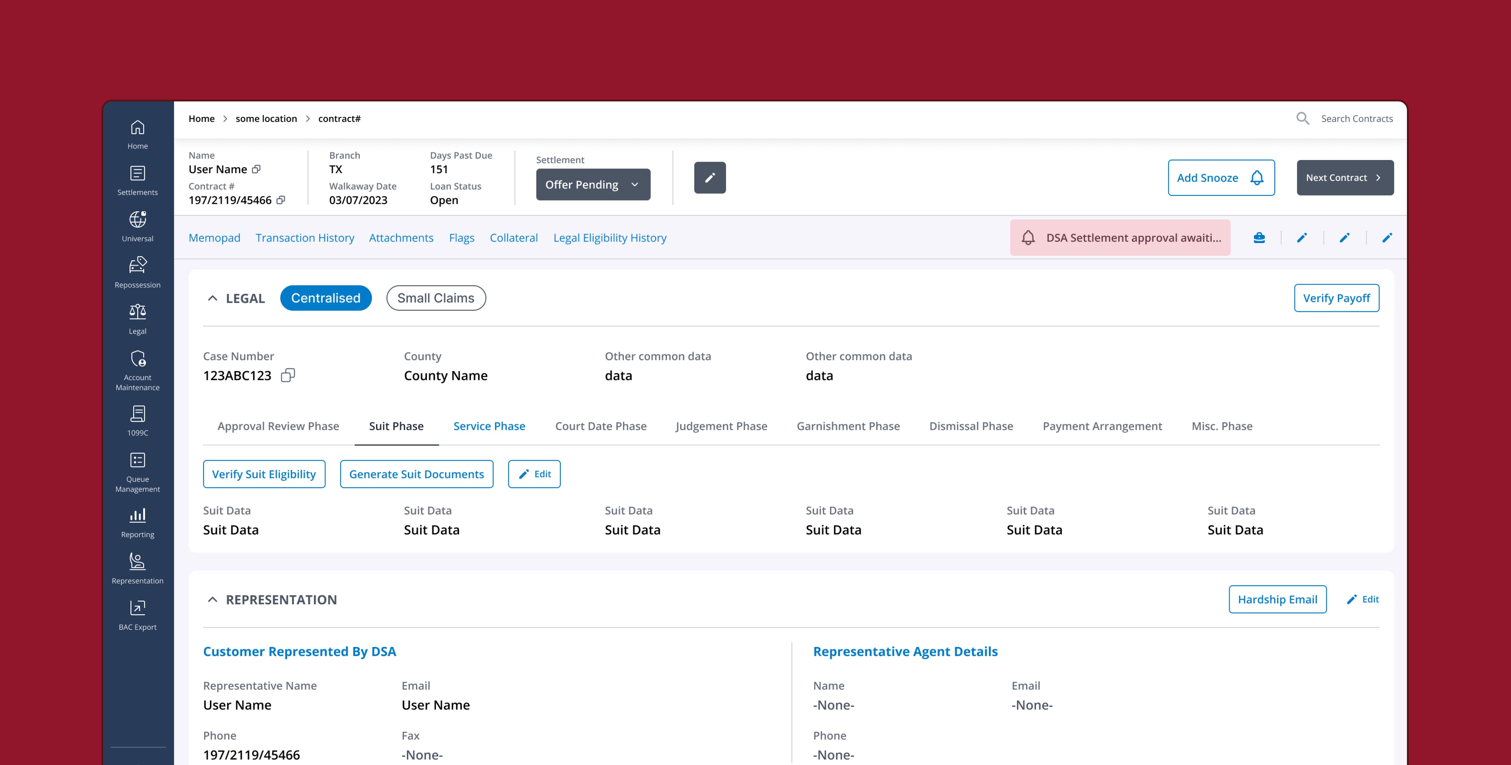Legal-ops contract management product UI on maroon