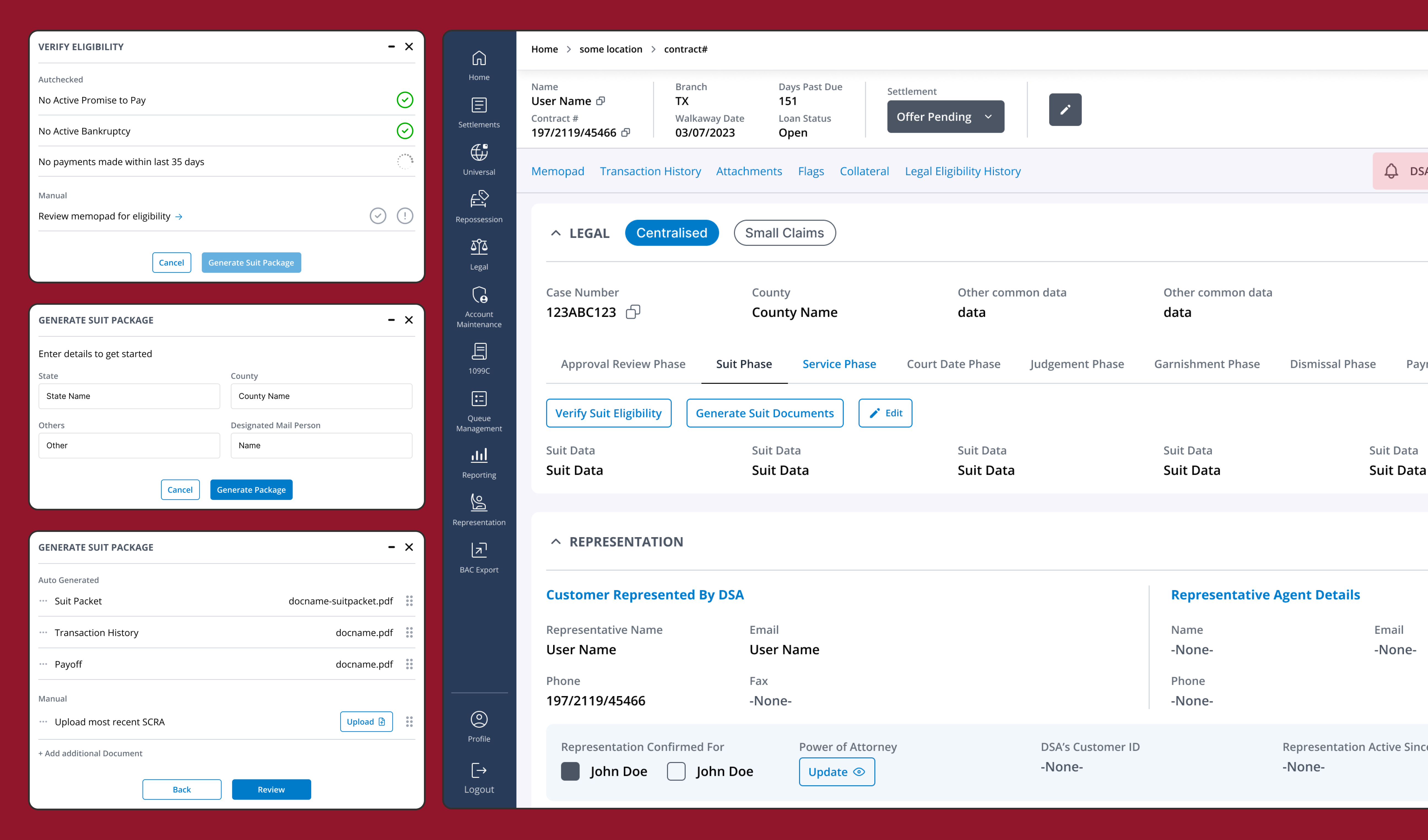 High-fidelity key screens: verify eligibility and the guided suit-package builder on maroon