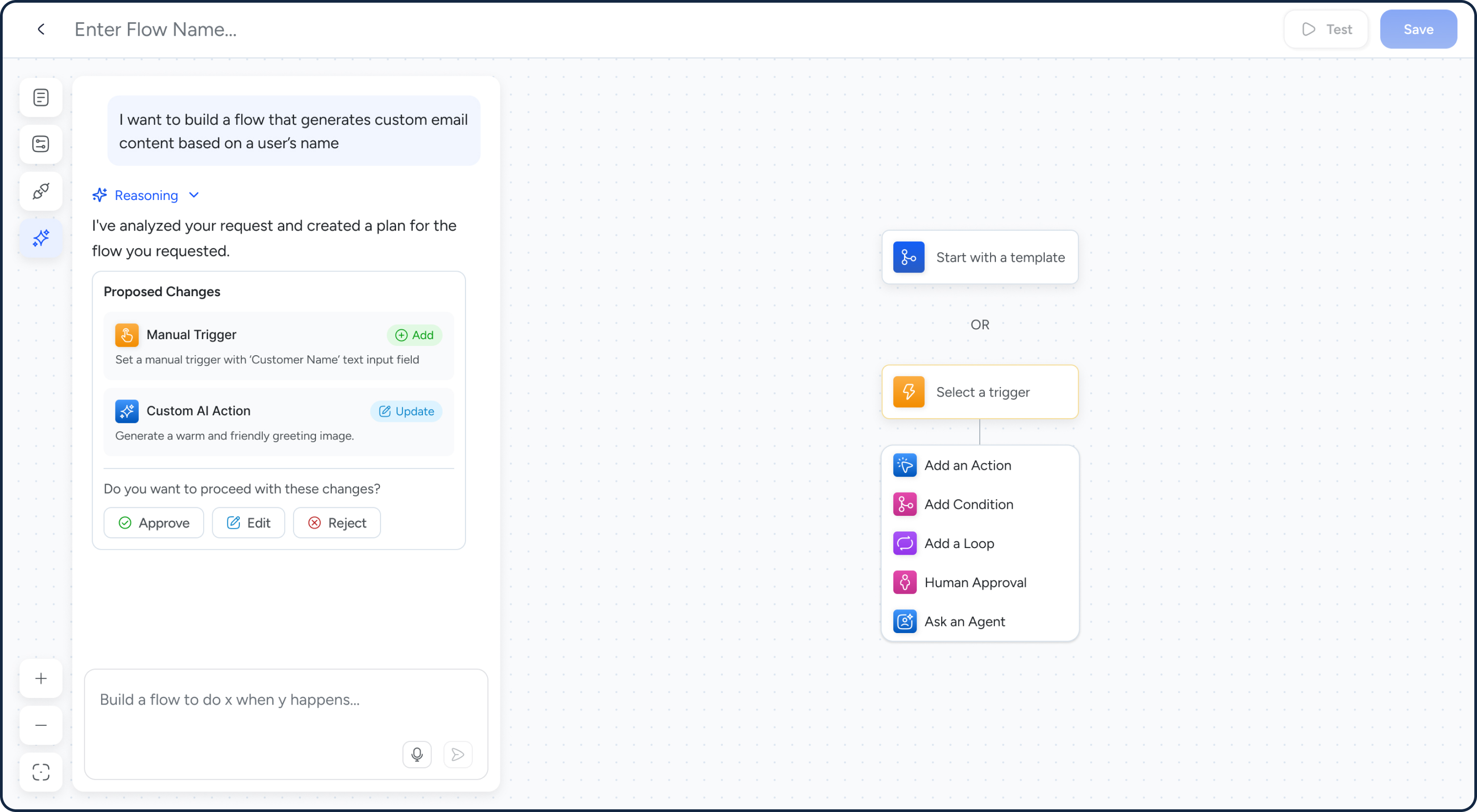 AI-assisted flow builder proposing changes from a natural-language request