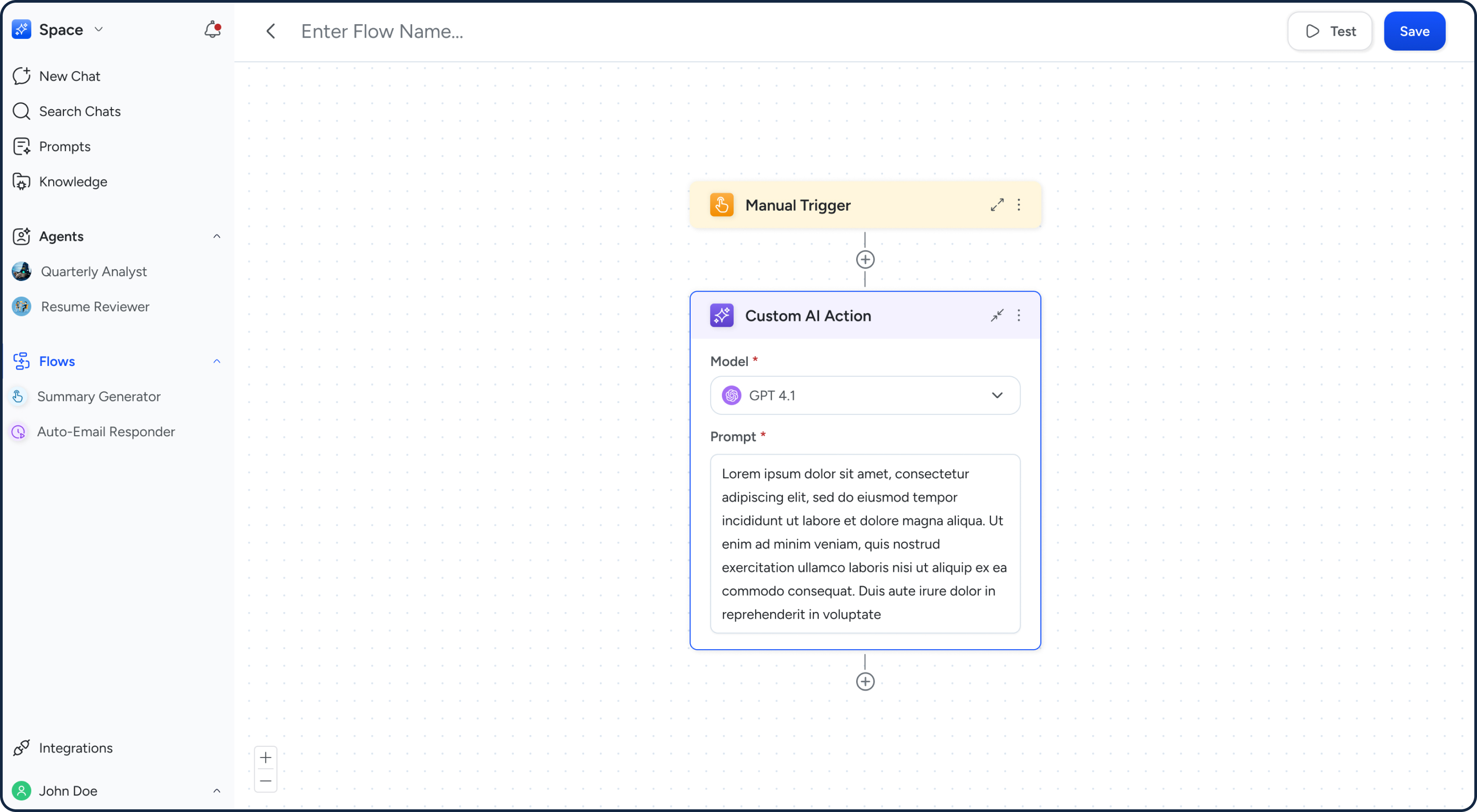 AI flow with a custom AI action driven by a natural-language prompt