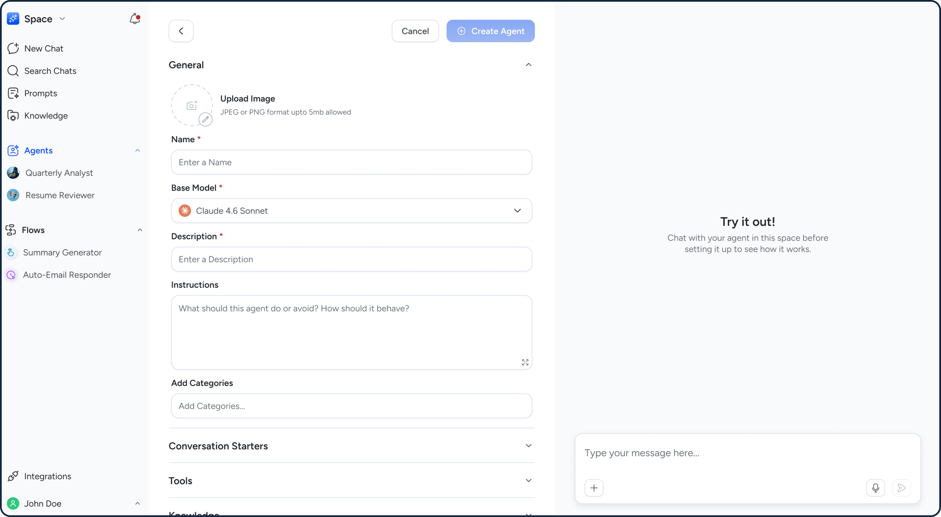 Create agent screen