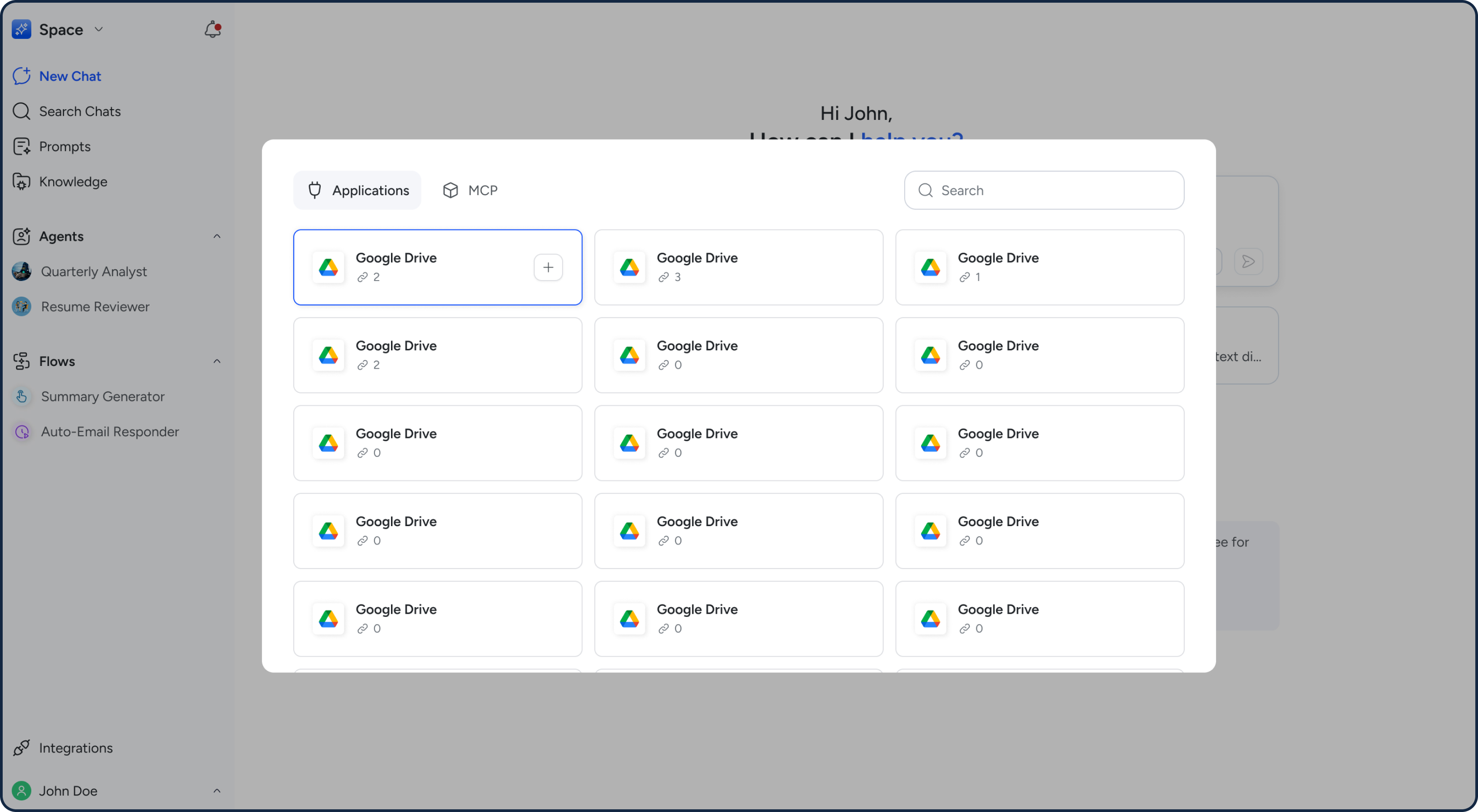 Integrations modal with apps and MCP