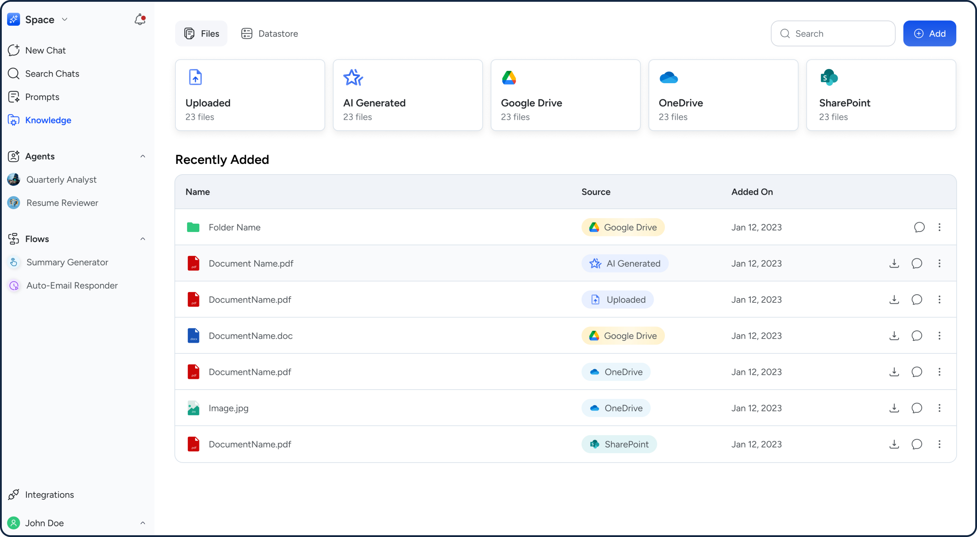Knowledge files screen